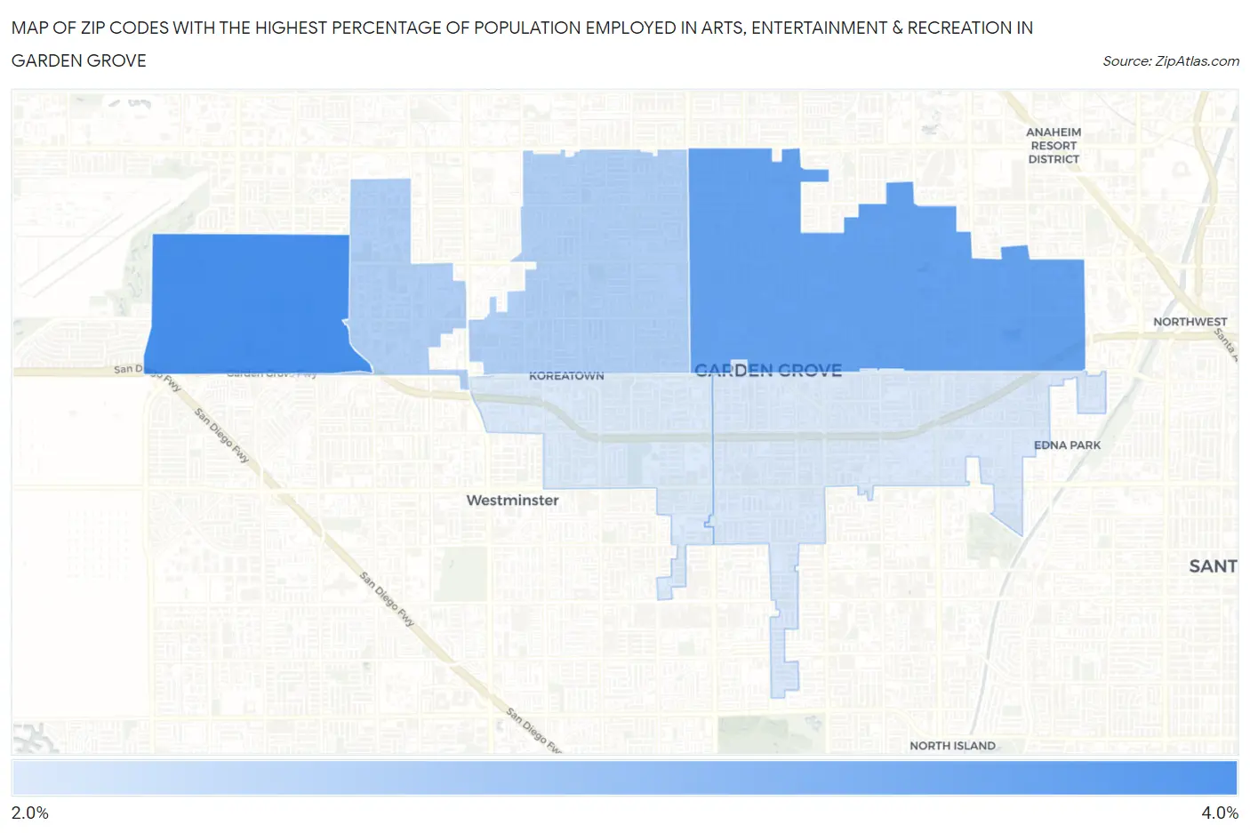 Zip Codes with the Highest Percentage of Population Employed in Arts, Entertainment & Recreation in Garden Grove Map