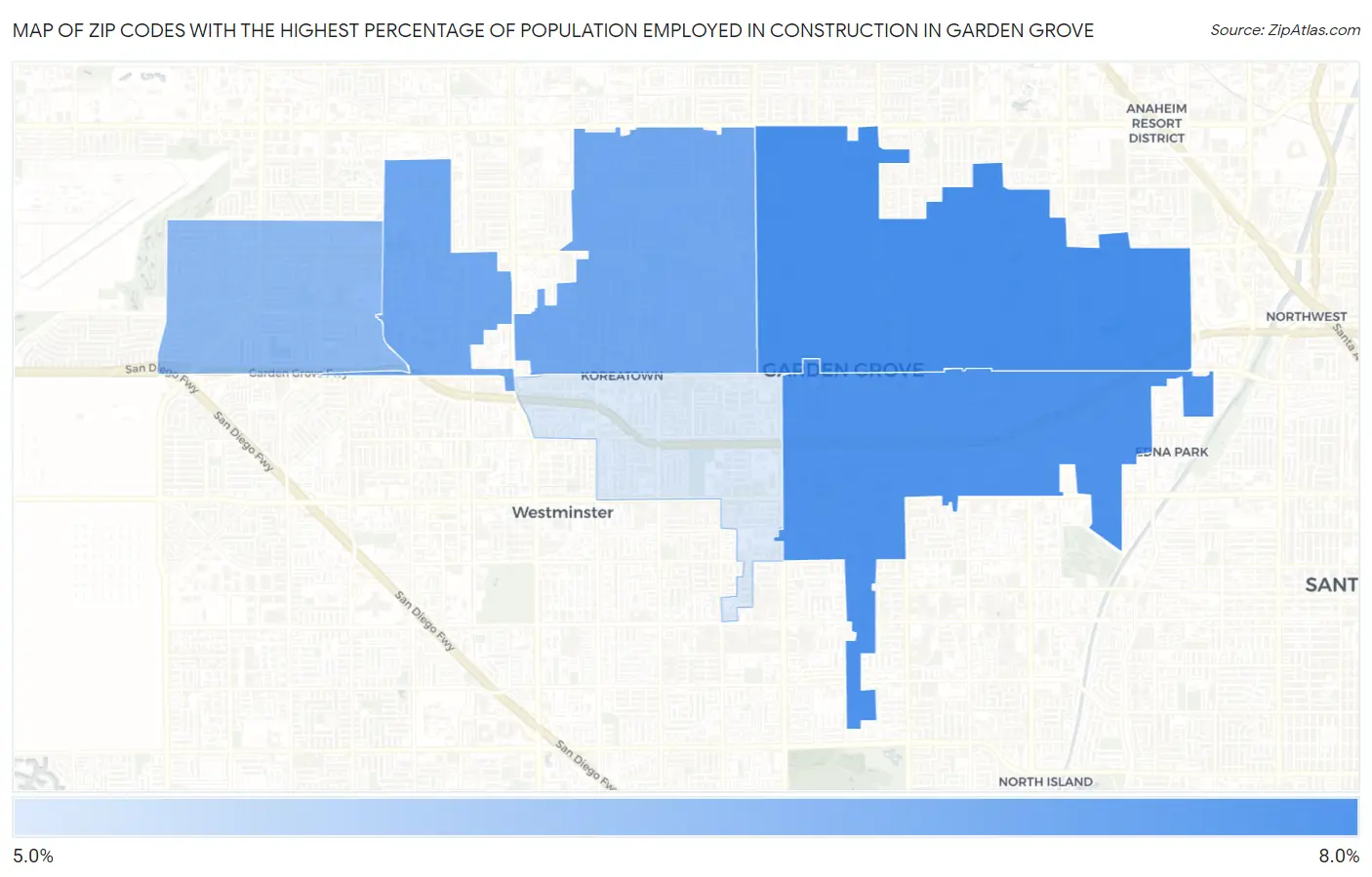 Zip Codes with the Highest Percentage of Population Employed in Construction in Garden Grove Map