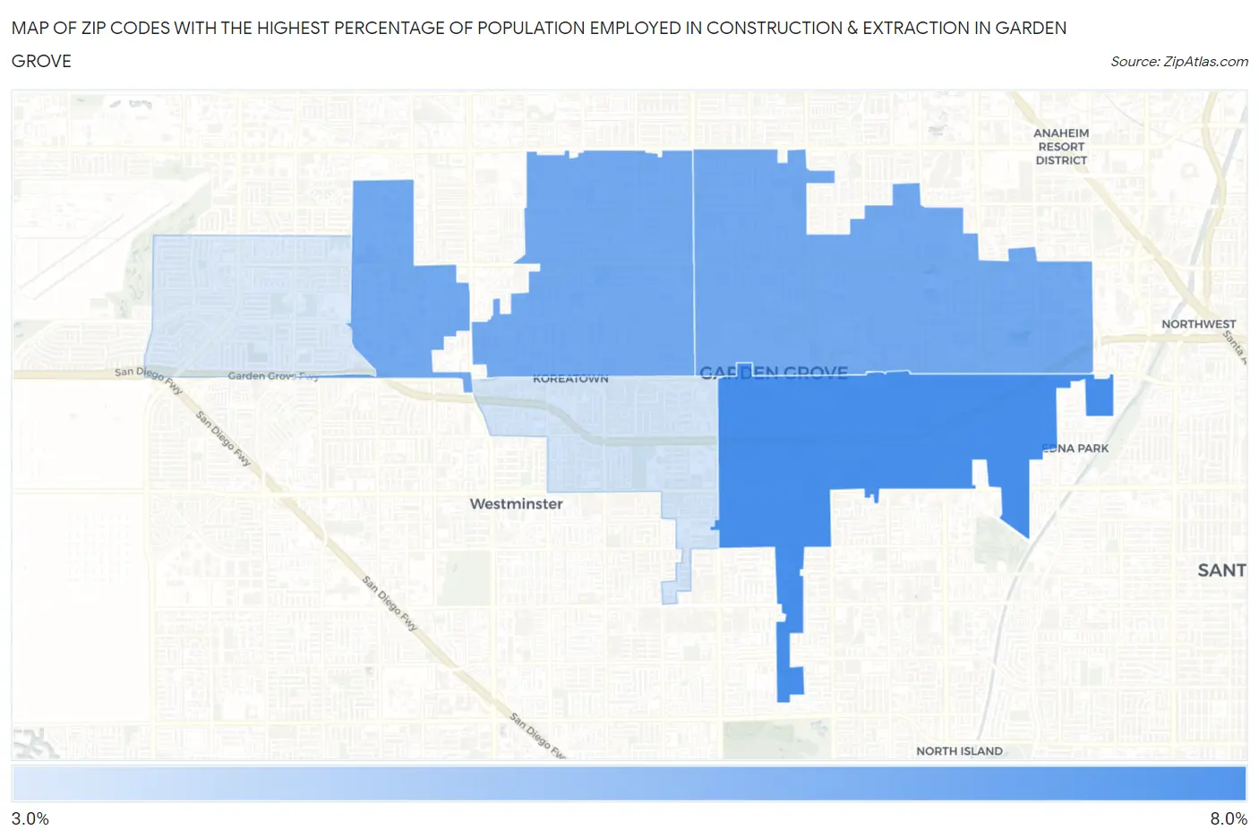 Zip Codes with the Highest Percentage of Population Employed in Construction & Extraction in Garden Grove Map