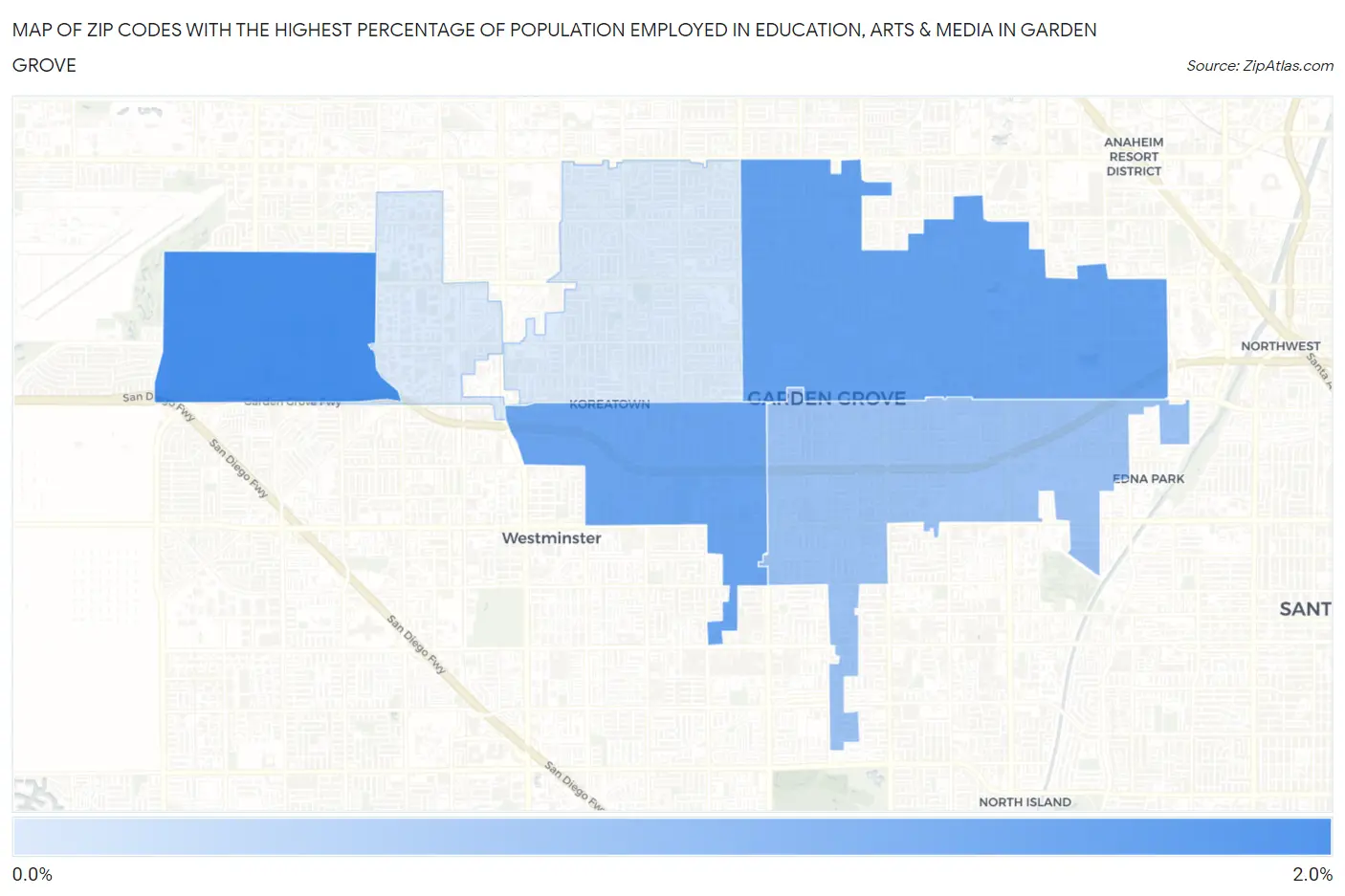 Zip Codes with the Highest Percentage of Population Employed in Education, Arts & Media in Garden Grove Map