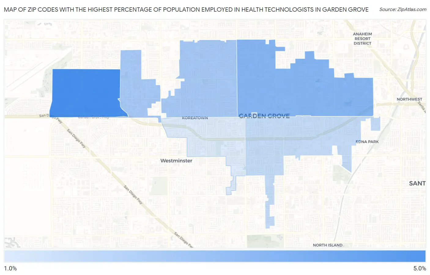 Zip Codes with the Highest Percentage of Population Employed in Health Technologists in Garden Grove Map