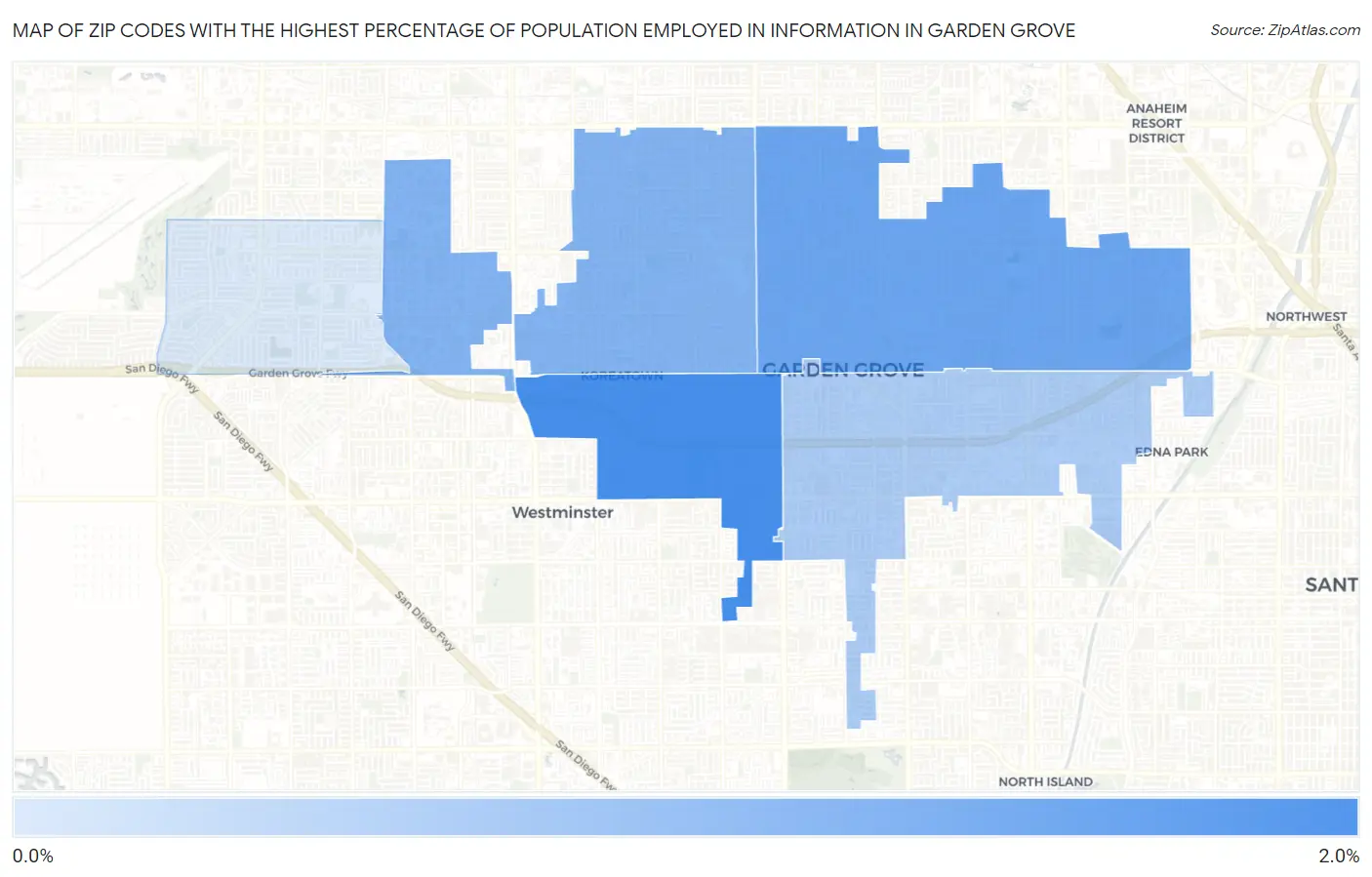 Zip Codes with the Highest Percentage of Population Employed in Information in Garden Grove Map