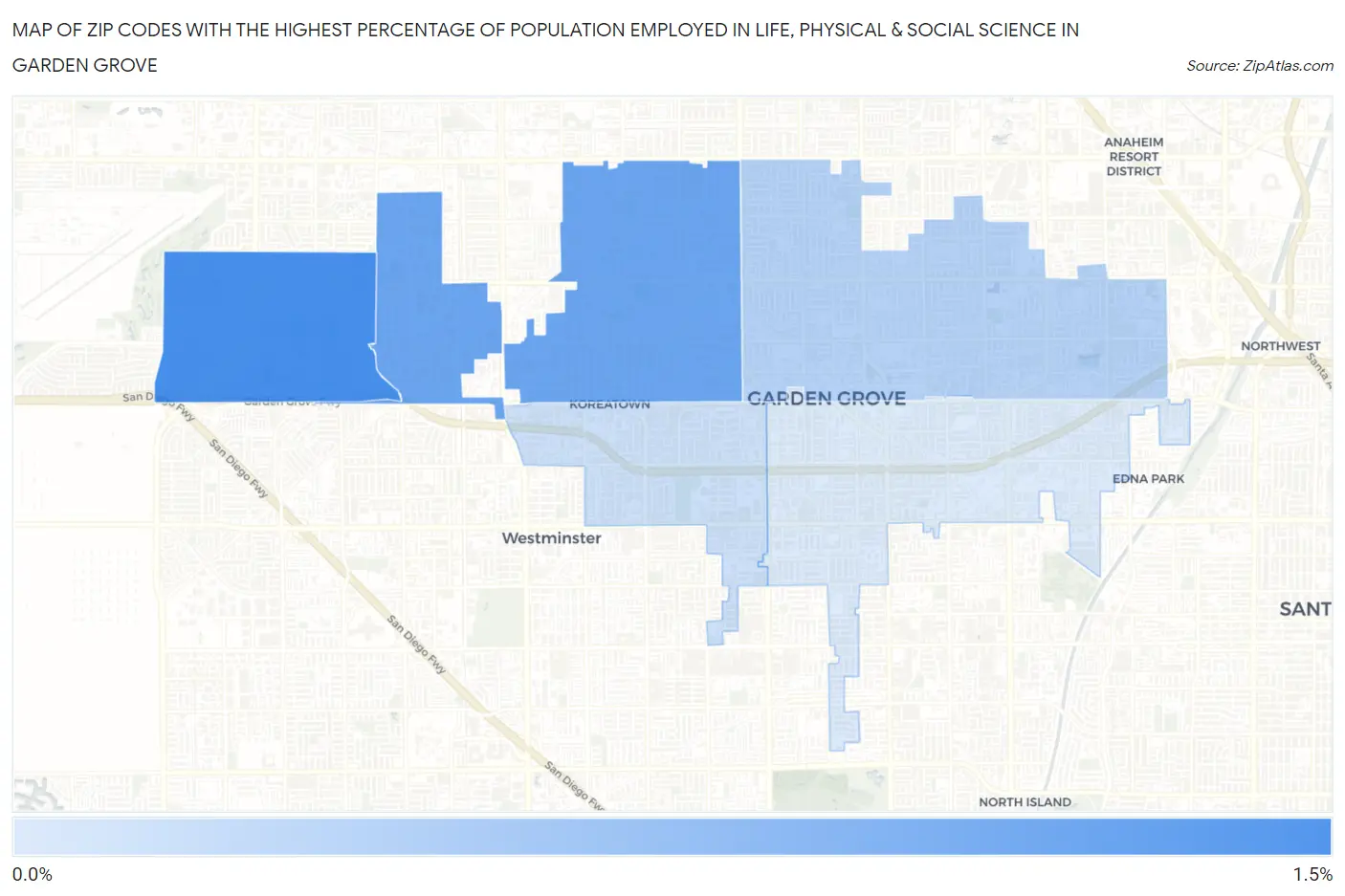 Zip Codes with the Highest Percentage of Population Employed in Life, Physical & Social Science in Garden Grove Map