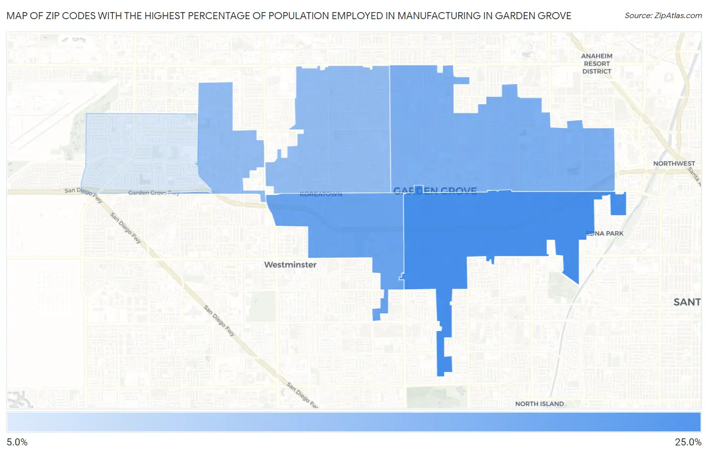 Zip Codes with the Highest Percentage of Population Employed in Manufacturing in Garden Grove Map