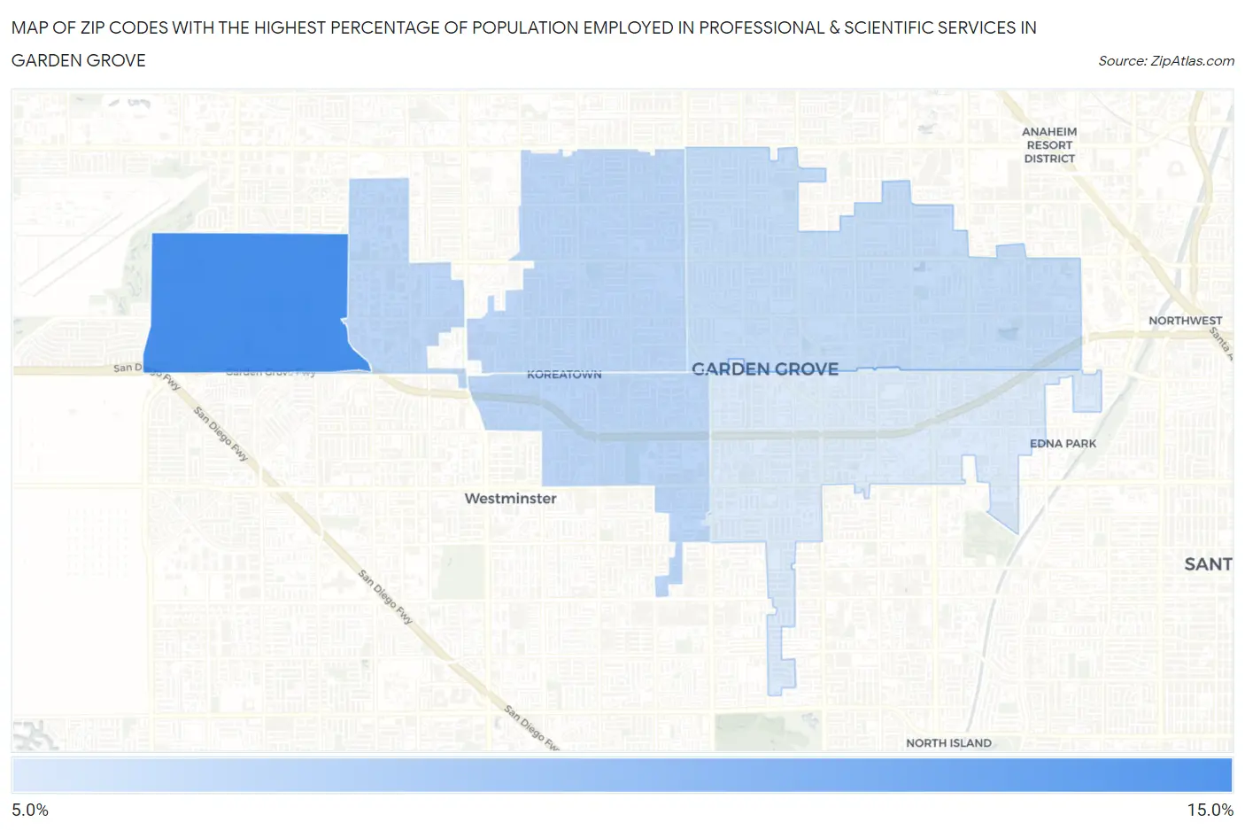 Zip Codes with the Highest Percentage of Population Employed in Professional & Scientific Services in Garden Grove Map