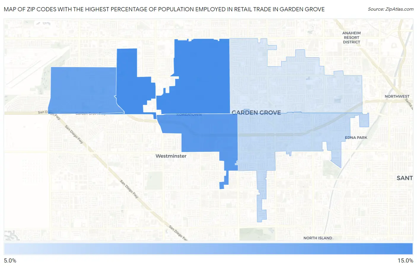 Zip Codes with the Highest Percentage of Population Employed in Retail Trade in Garden Grove Map