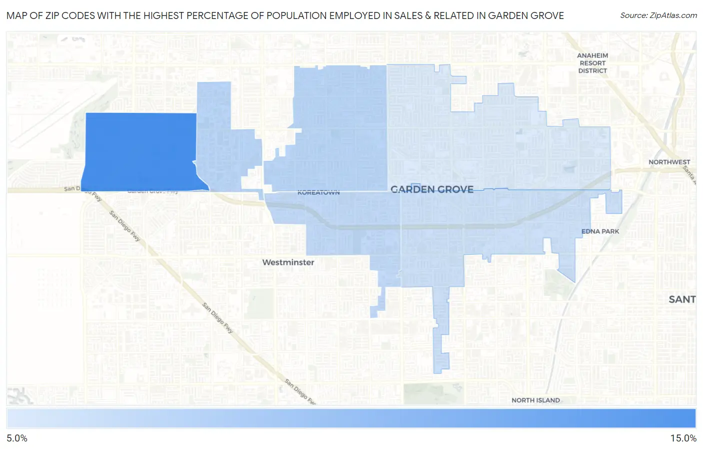 Zip Codes with the Highest Percentage of Population Employed in Sales & Related in Garden Grove Map