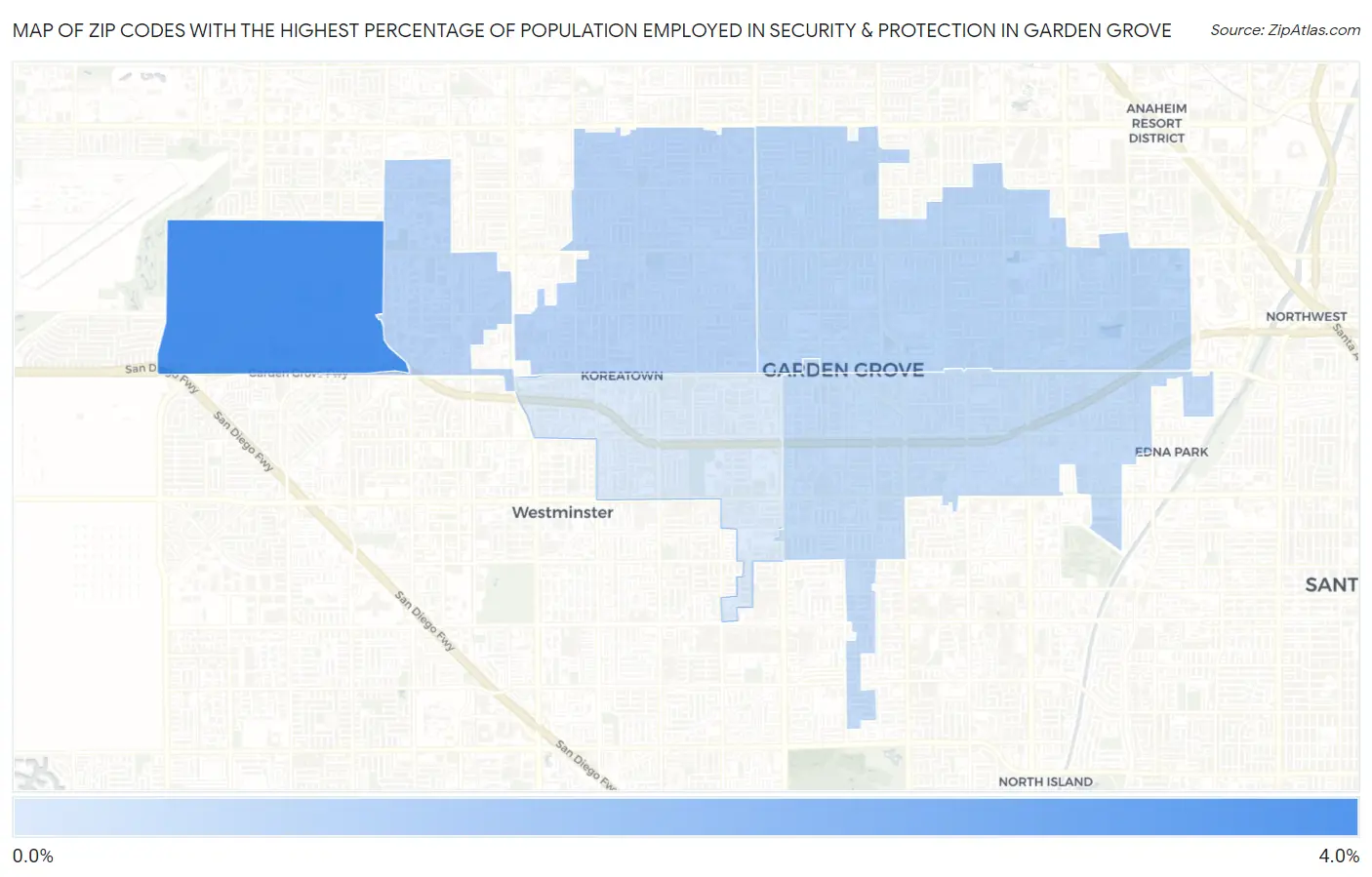 Zip Codes with the Highest Percentage of Population Employed in Security & Protection in Garden Grove Map