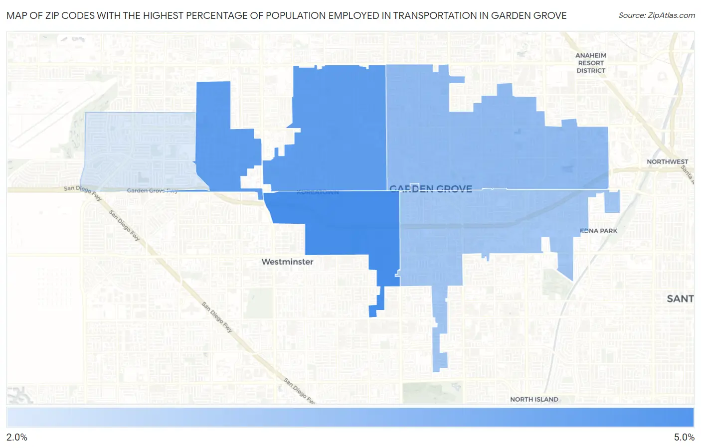 Zip Codes with the Highest Percentage of Population Employed in Transportation in Garden Grove Map