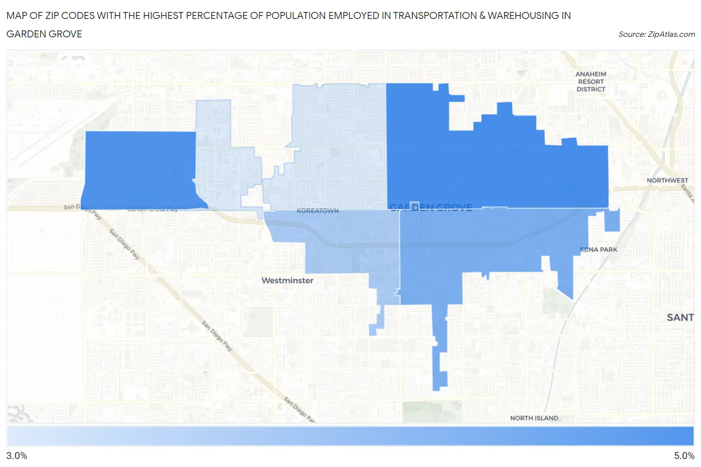 Zip Codes with the Highest Percentage of Population Employed in Transportation & Warehousing in Garden Grove Map