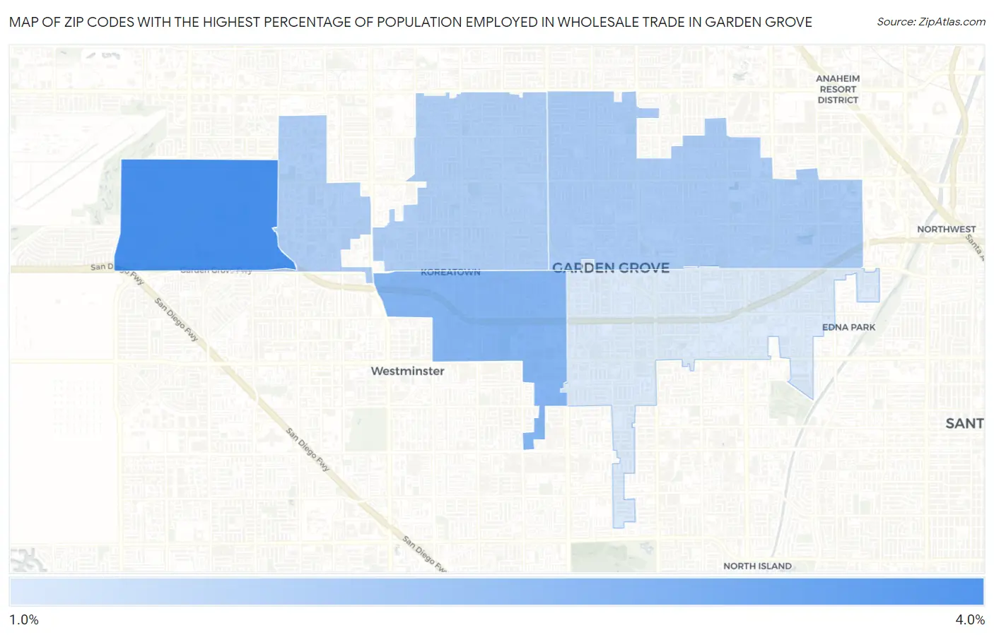 Zip Codes with the Highest Percentage of Population Employed in Wholesale Trade in Garden Grove Map