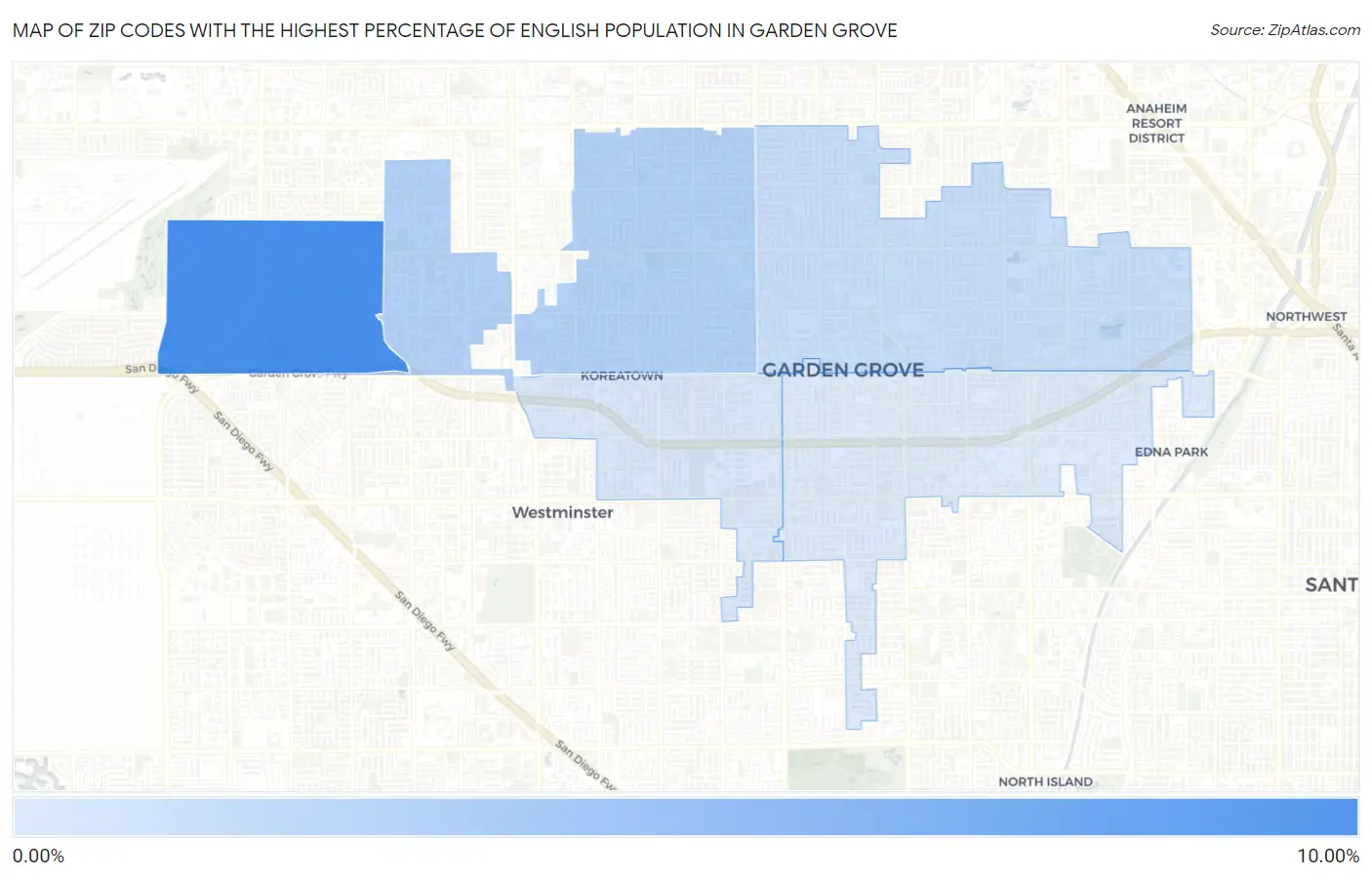 Zip Codes with the Highest Percentage of English Population in Garden Grove Map