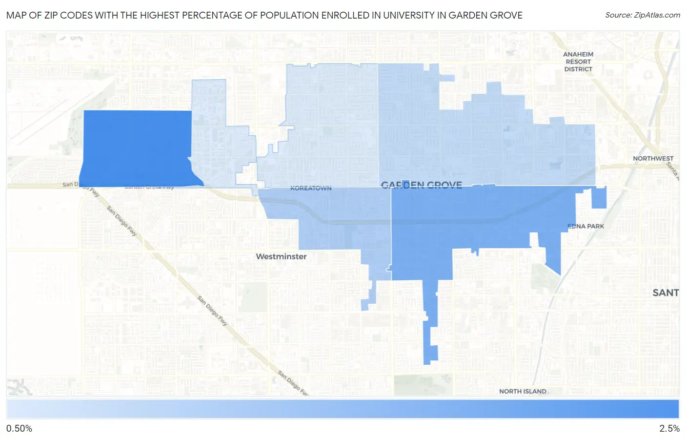 Zip Codes with the Highest Percentage of Population Enrolled in University in Garden Grove Map
