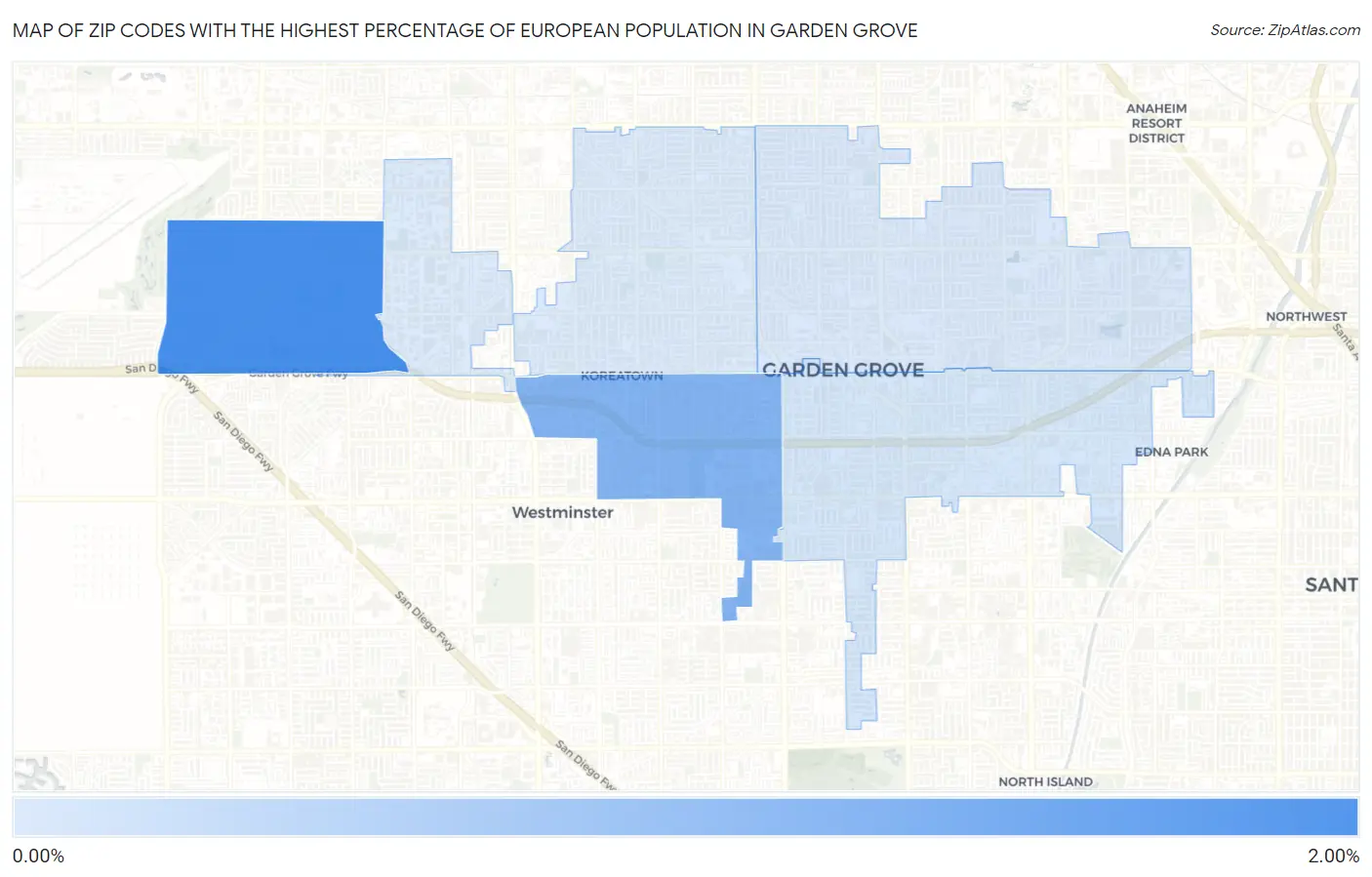 Zip Codes with the Highest Percentage of European Population in Garden Grove Map