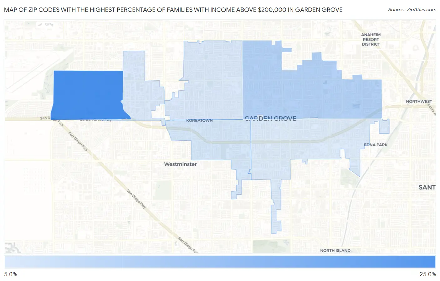 Zip Codes with the Highest Percentage of Families with Income Above $200,000 in Garden Grove Map