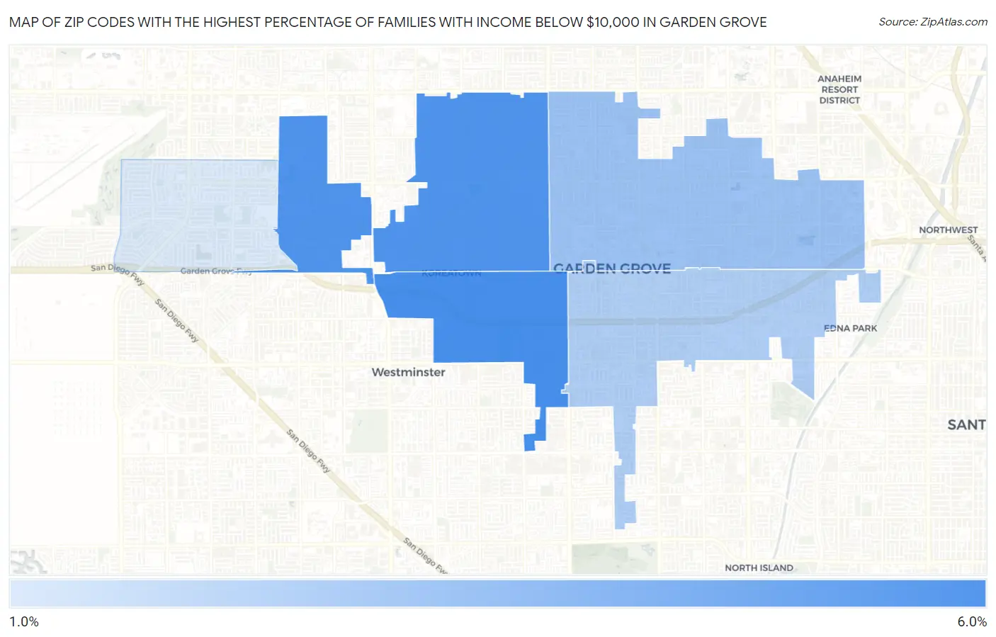 Zip Codes with the Highest Percentage of Families with Income Below $10,000 in Garden Grove Map
