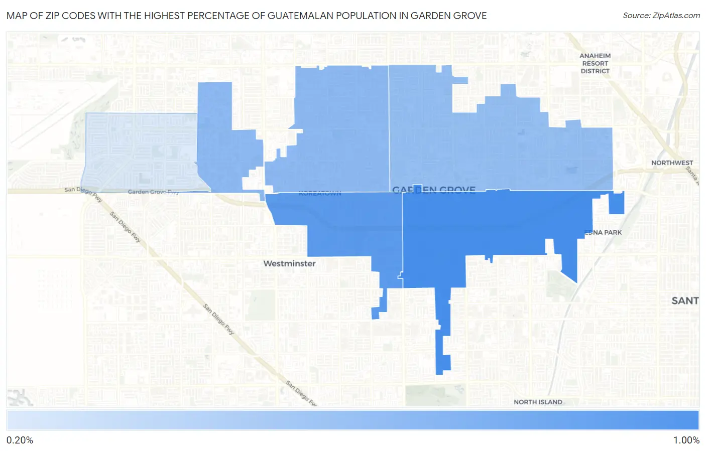 Zip Codes with the Highest Percentage of Guatemalan Population in Garden Grove Map