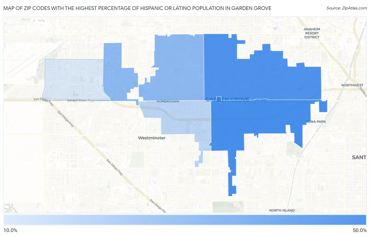 Zip Codes with the Highest Percentage of Hispanic or Latino Population in Garden Grove Map