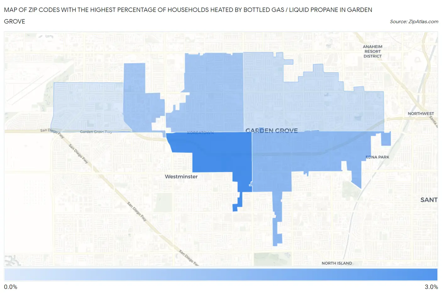 Zip Codes with the Highest Percentage of Households Heated by Bottled Gas / Liquid Propane in Garden Grove Map
