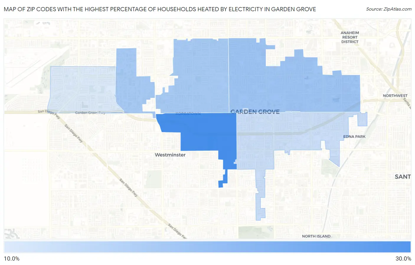 Zip Codes with the Highest Percentage of Households Heated by Electricity in Garden Grove Map