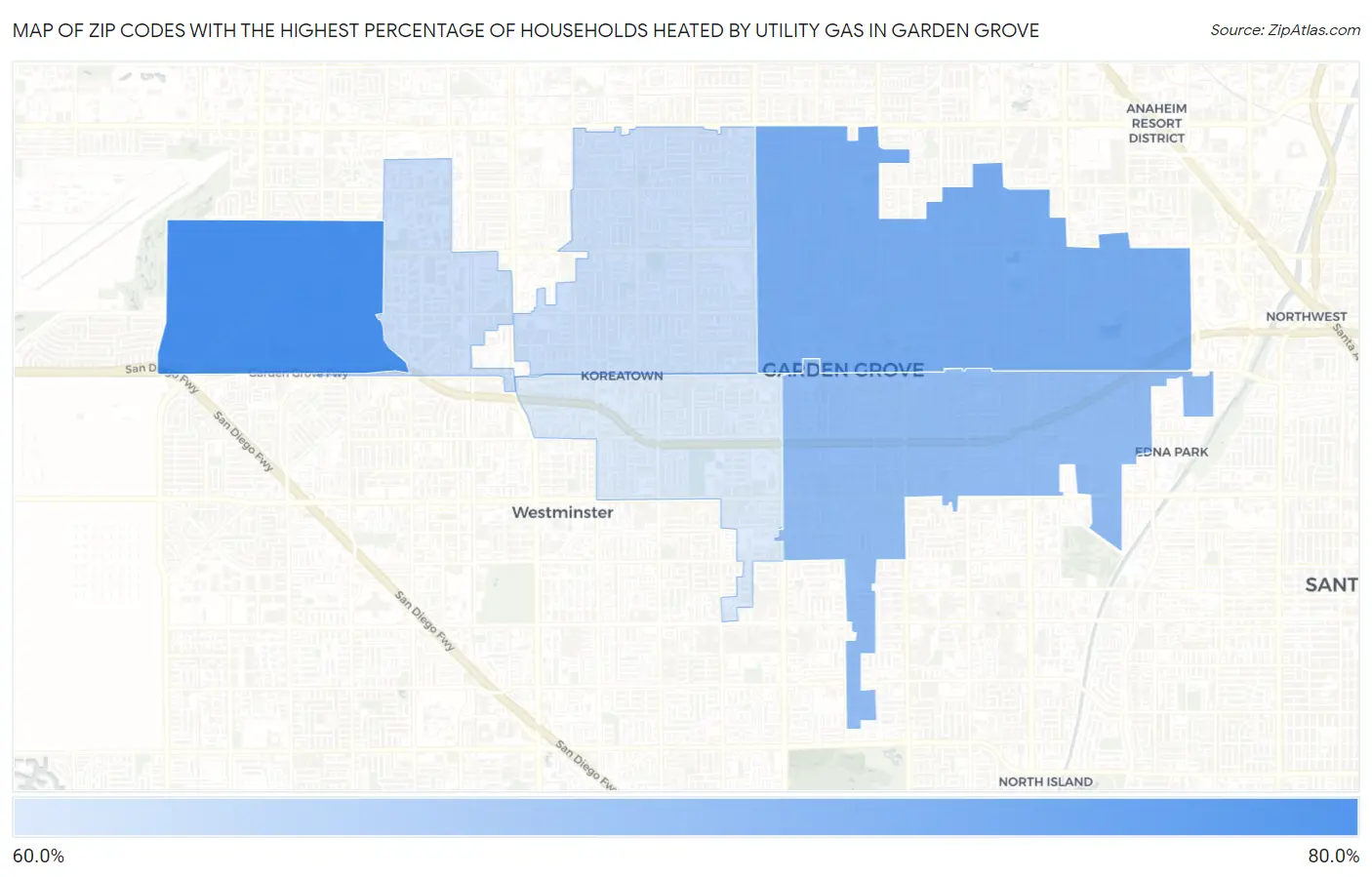 Zip Codes with the Highest Percentage of Households Heated by Utility Gas in Garden Grove Map