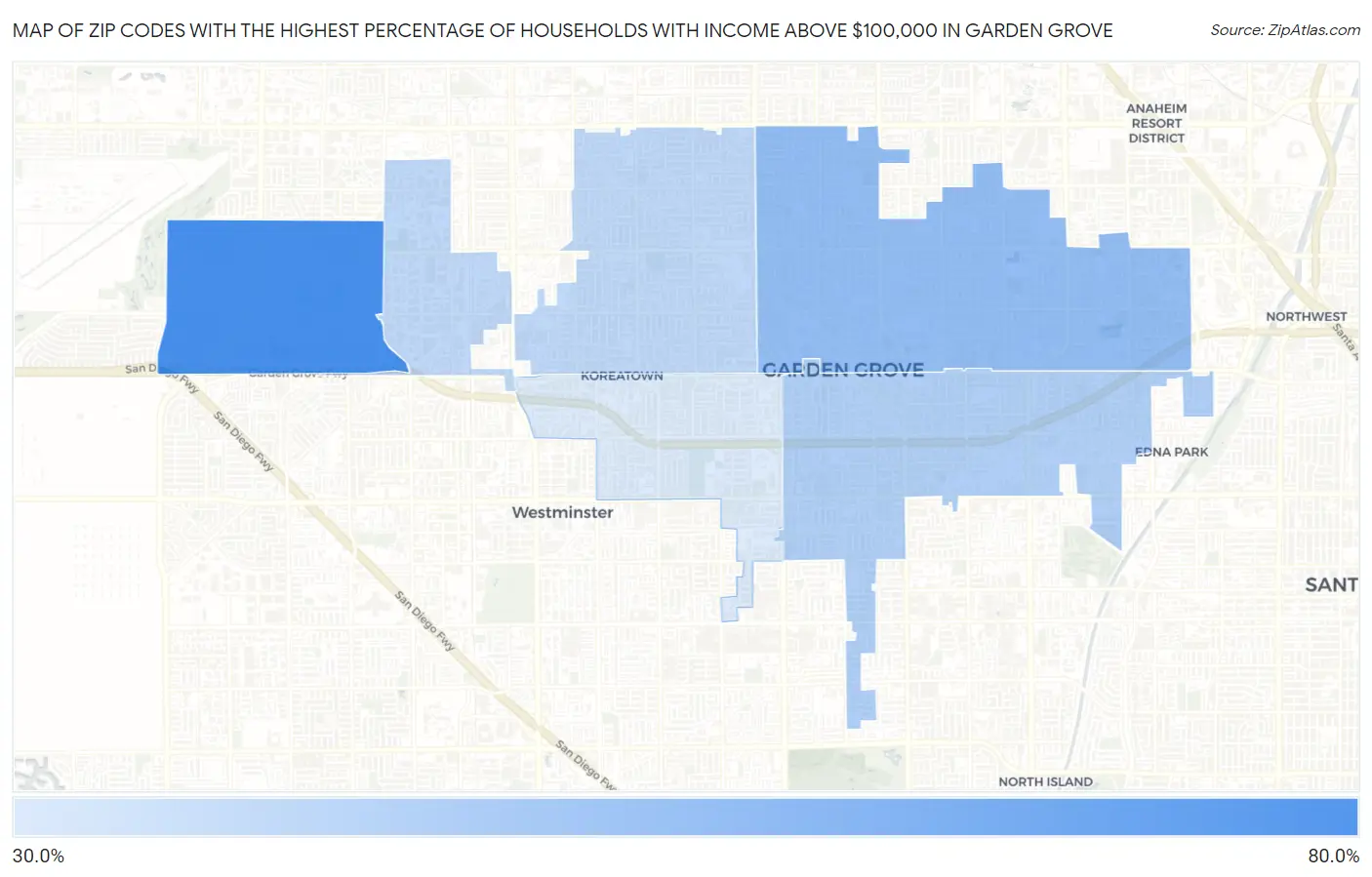 Zip Codes with the Highest Percentage of Households with Income Above $100,000 in Garden Grove Map