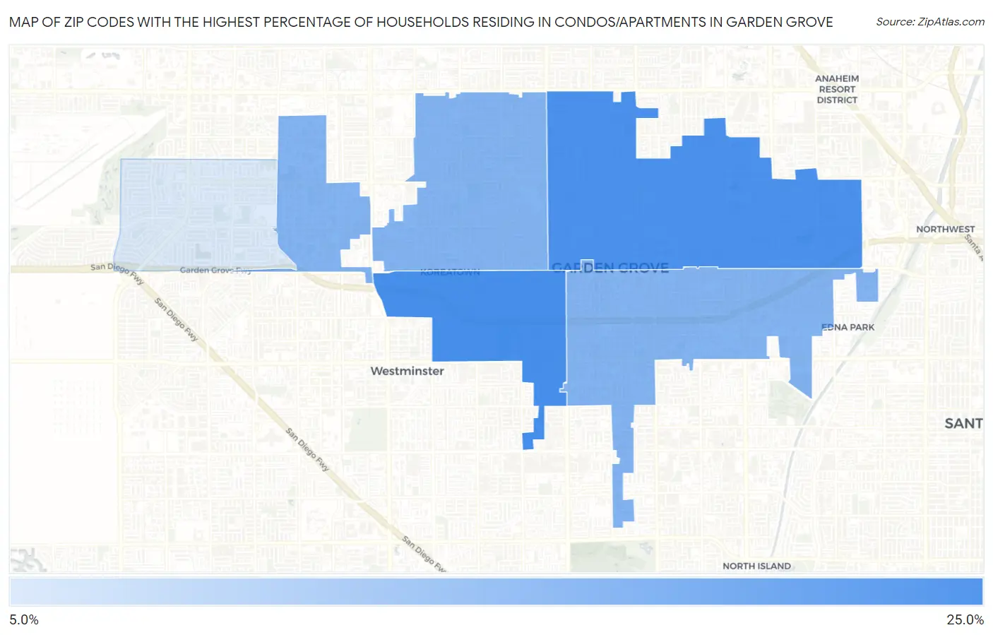 Zip Codes with the Highest Percentage of Households Residing in Condos/Apartments in Garden Grove Map