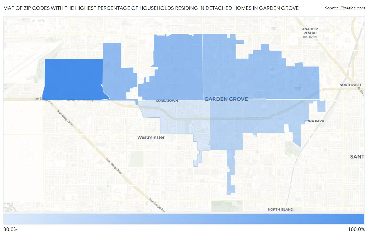 Zip Codes with the Highest Percentage of Households Residing in Detached Homes in Garden Grove Map