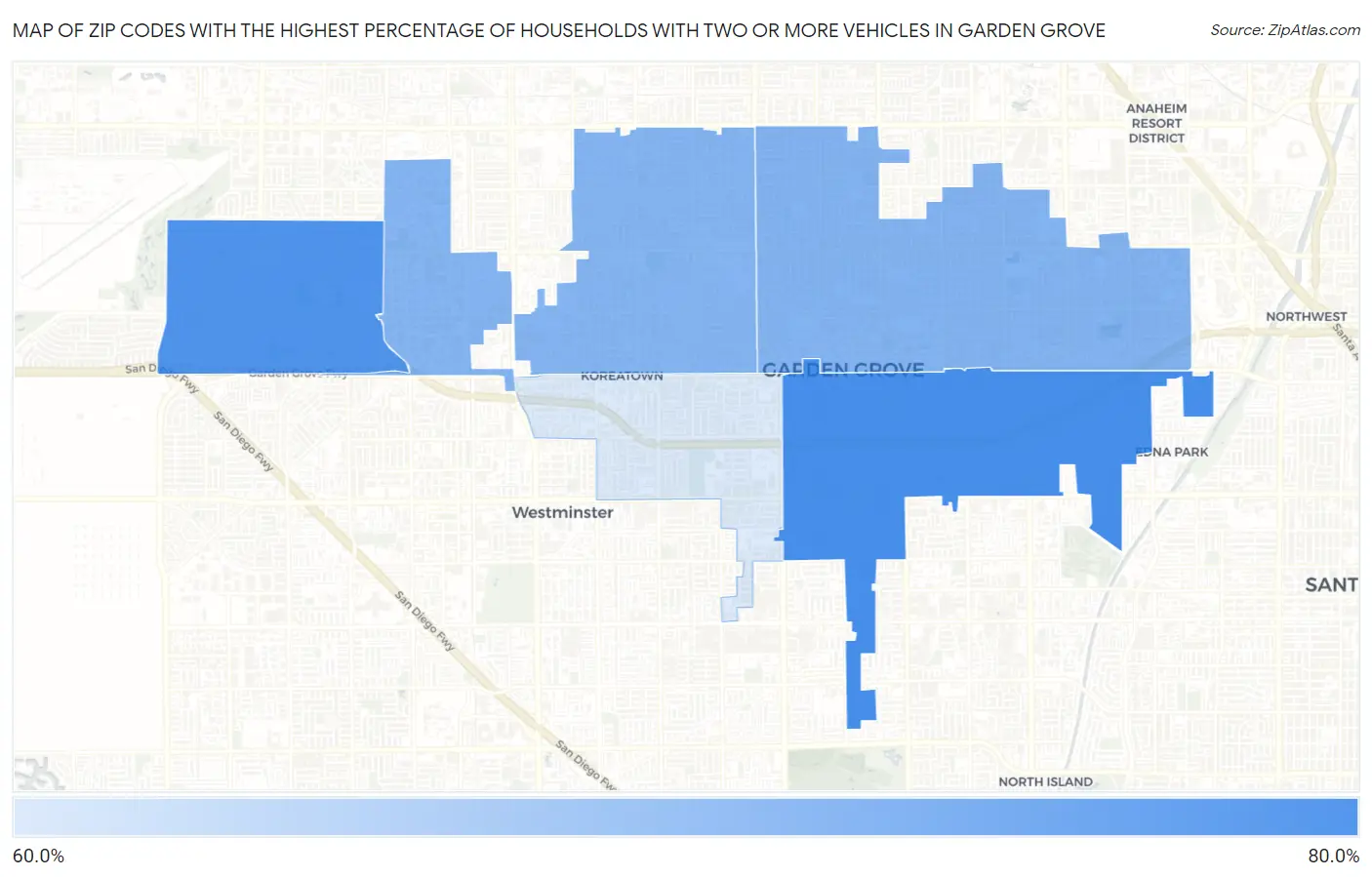Zip Codes with the Highest Percentage of Households With Two or more Vehicles in Garden Grove Map