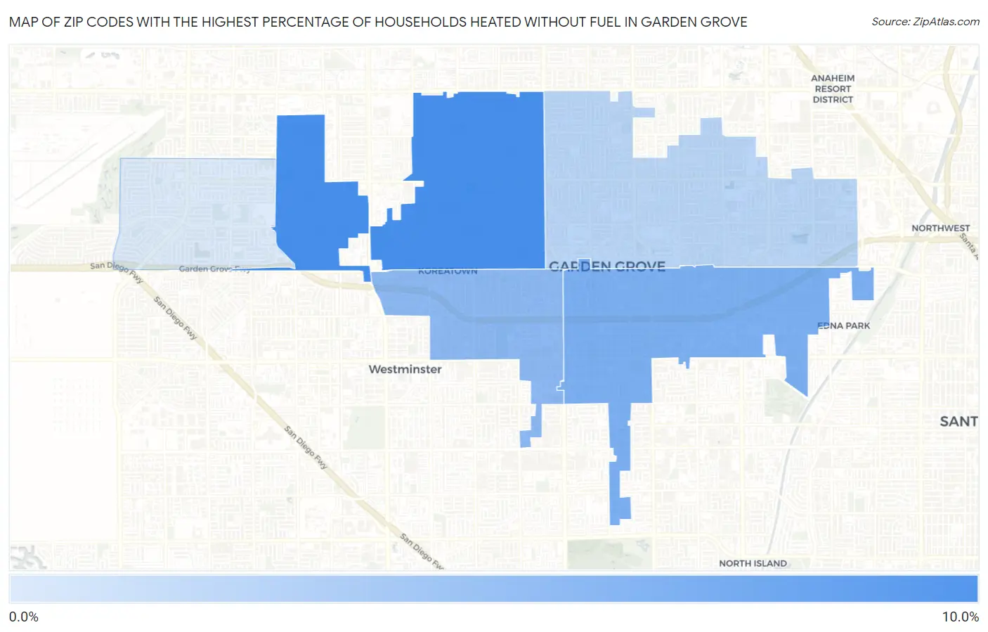 Zip Codes with the Highest Percentage of Households Heated without Fuel in Garden Grove Map