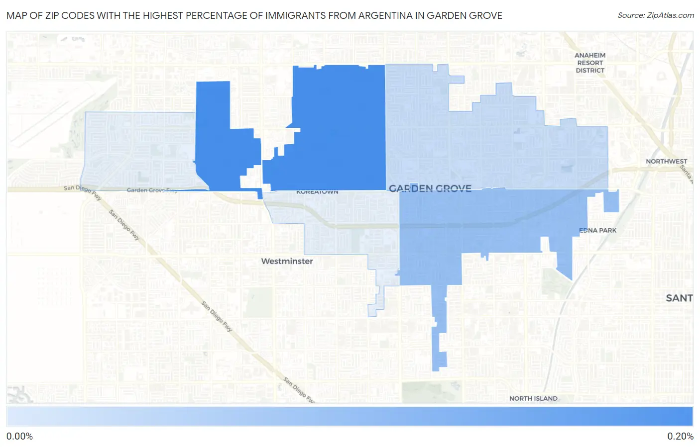 Zip Codes with the Highest Percentage of Immigrants from Argentina in Garden Grove Map