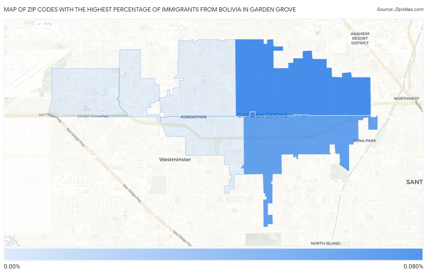 Zip Codes with the Highest Percentage of Immigrants from Bolivia in Garden Grove Map