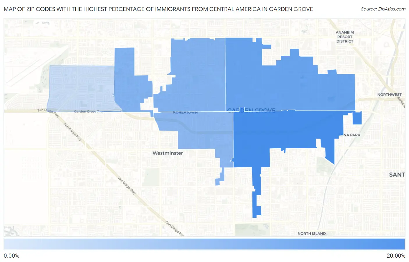 Zip Codes with the Highest Percentage of Immigrants from Central America in Garden Grove Map