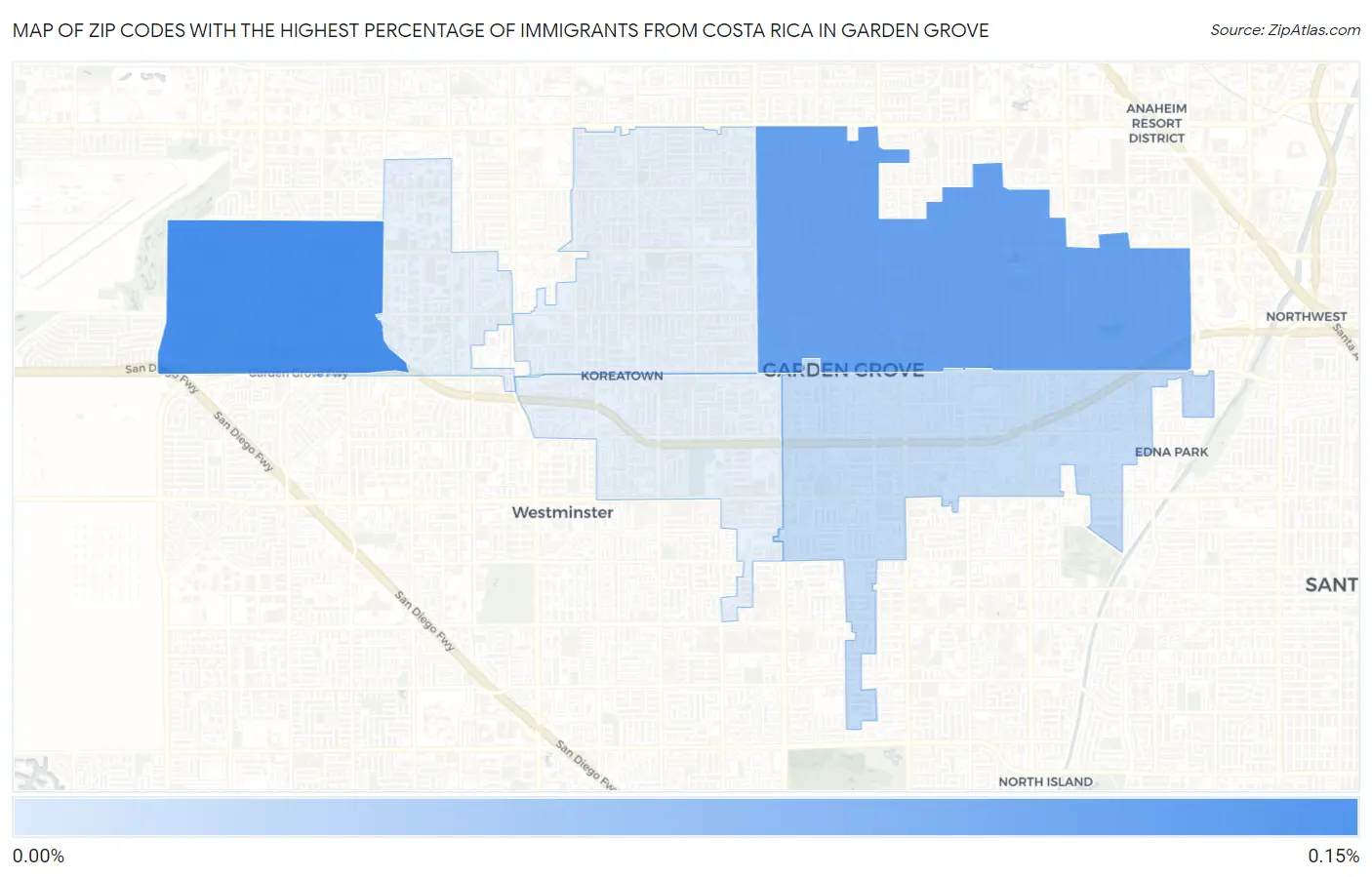 Zip Codes with the Highest Percentage of Immigrants from Costa Rica in Garden Grove Map