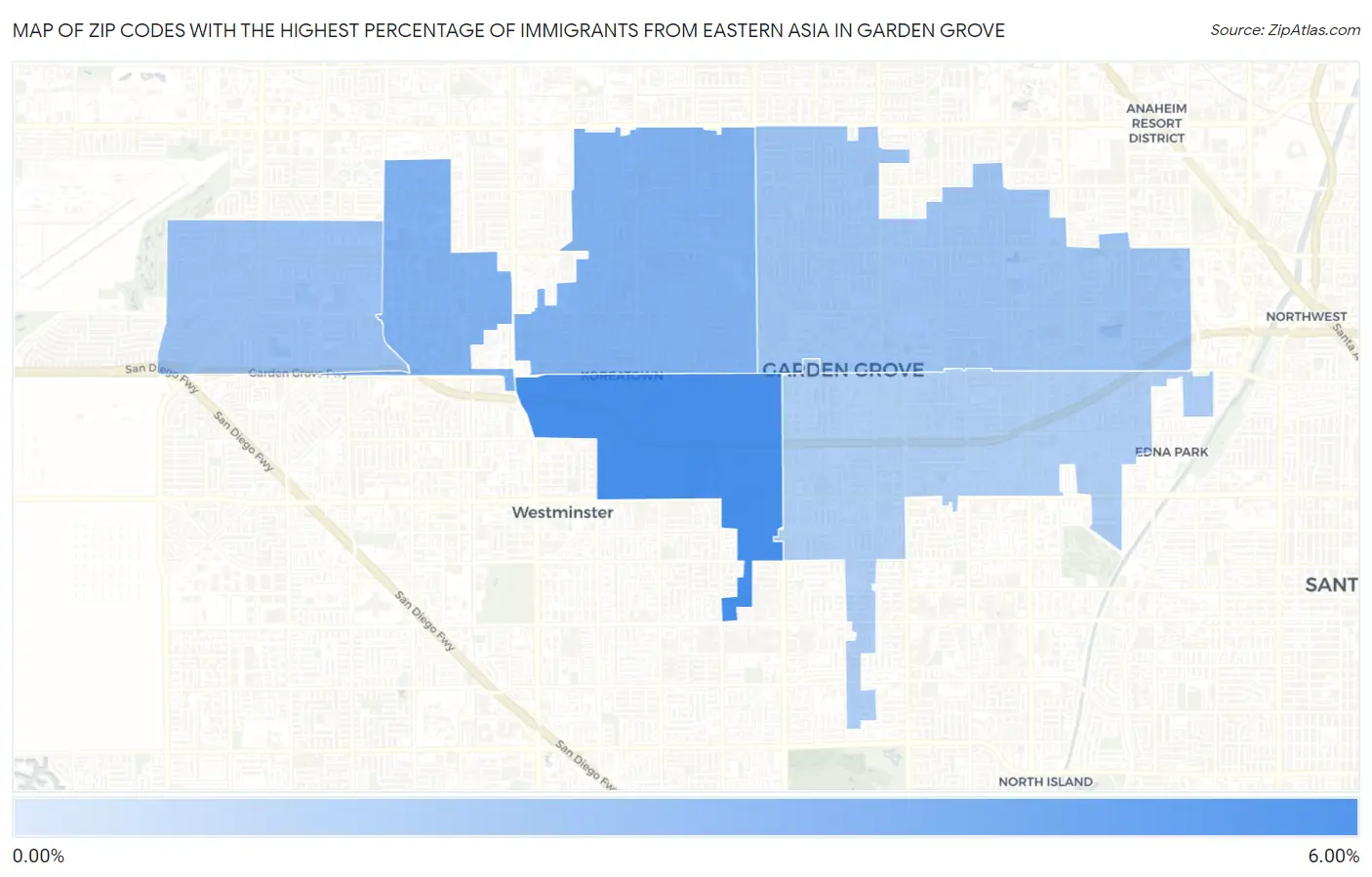 Zip Codes with the Highest Percentage of Immigrants from Eastern Asia in Garden Grove Map
