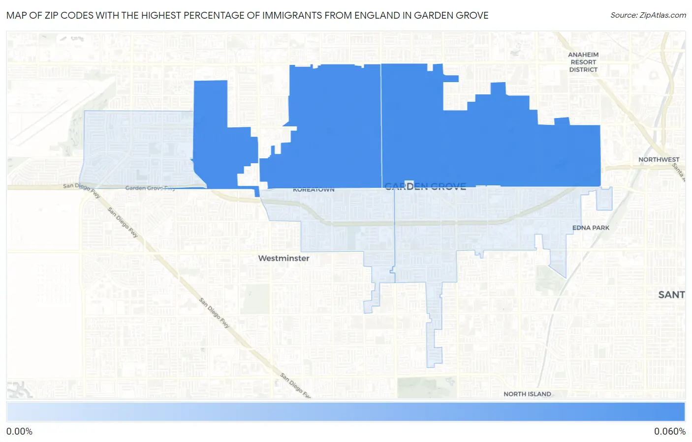 Zip Codes with the Highest Percentage of Immigrants from England in Garden Grove Map