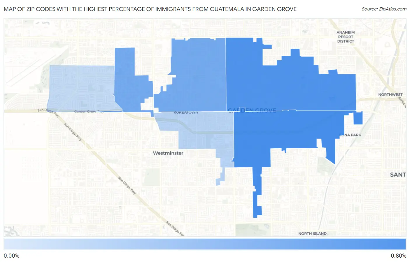 Zip Codes with the Highest Percentage of Immigrants from Guatemala in Garden Grove Map
