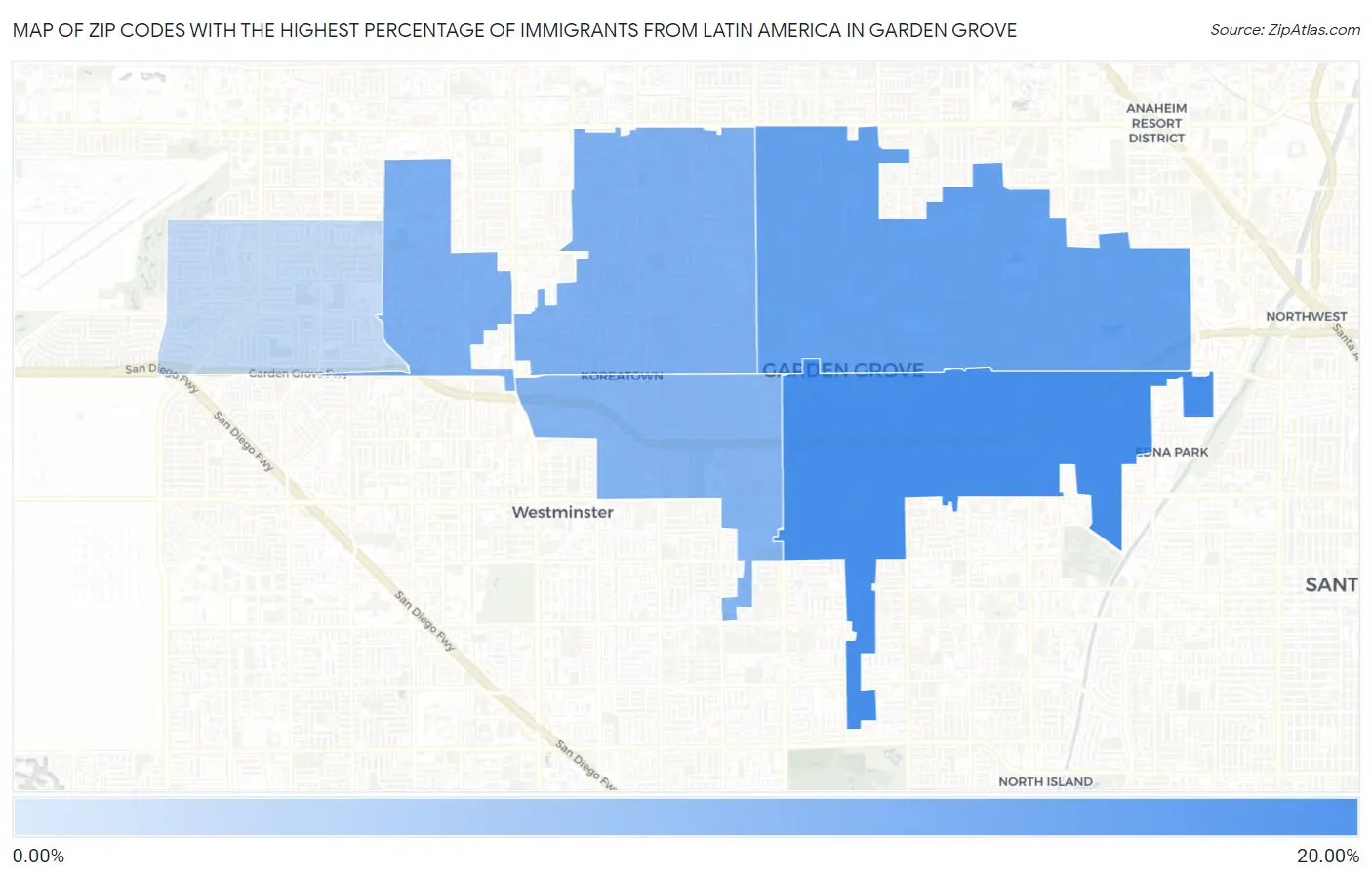 Zip Codes with the Highest Percentage of Immigrants from Latin America in Garden Grove Map