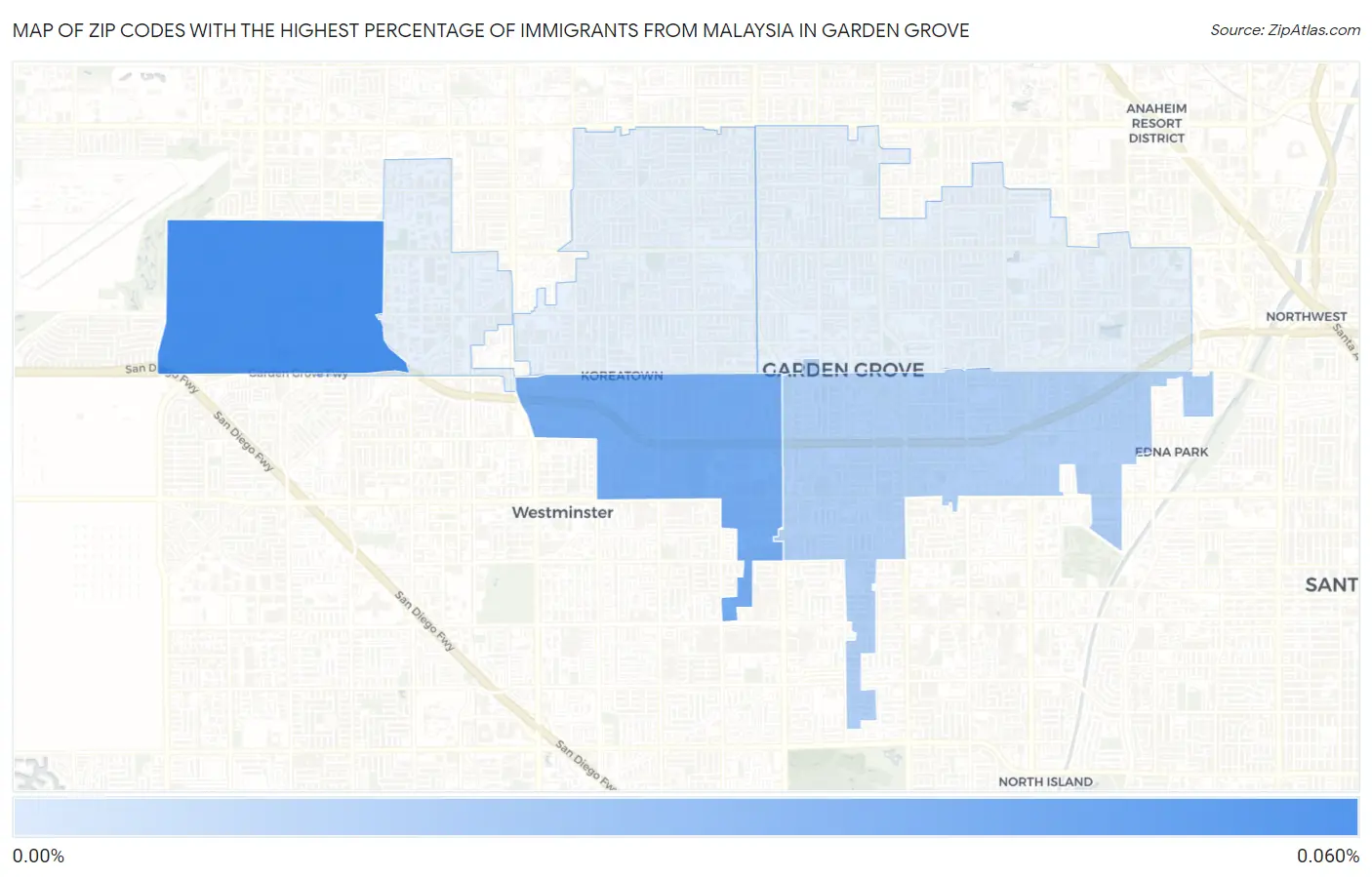Zip Codes with the Highest Percentage of Immigrants from Malaysia in Garden Grove Map
