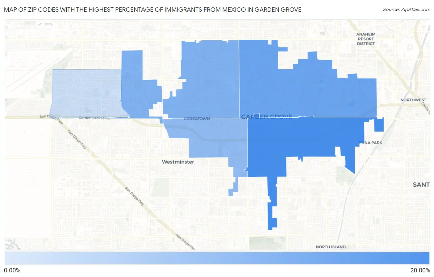 Zip Codes with the Highest Percentage of Immigrants from Mexico in Garden Grove Map