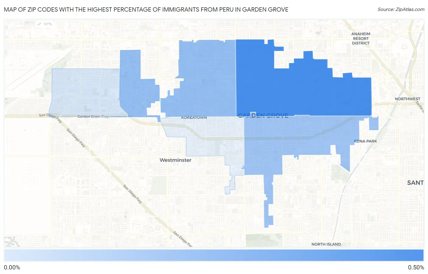 Zip Codes with the Highest Percentage of Immigrants from Peru in Garden Grove Map