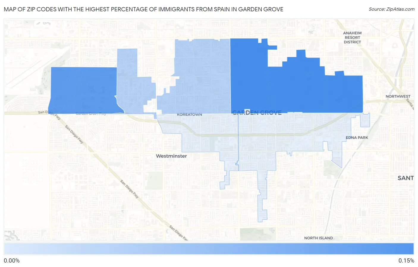 Zip Codes with the Highest Percentage of Immigrants from Spain in Garden Grove Map