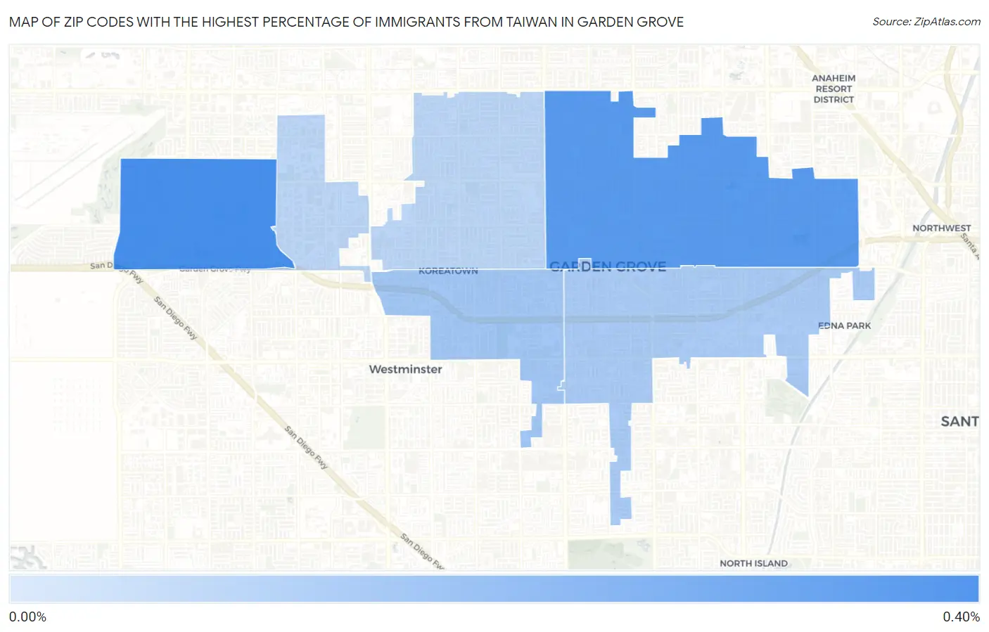 Zip Codes with the Highest Percentage of Immigrants from Taiwan in Garden Grove Map