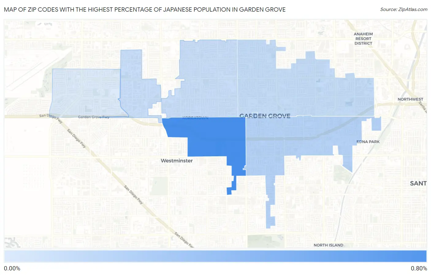 Zip Codes with the Highest Percentage of Japanese Population in Garden Grove Map