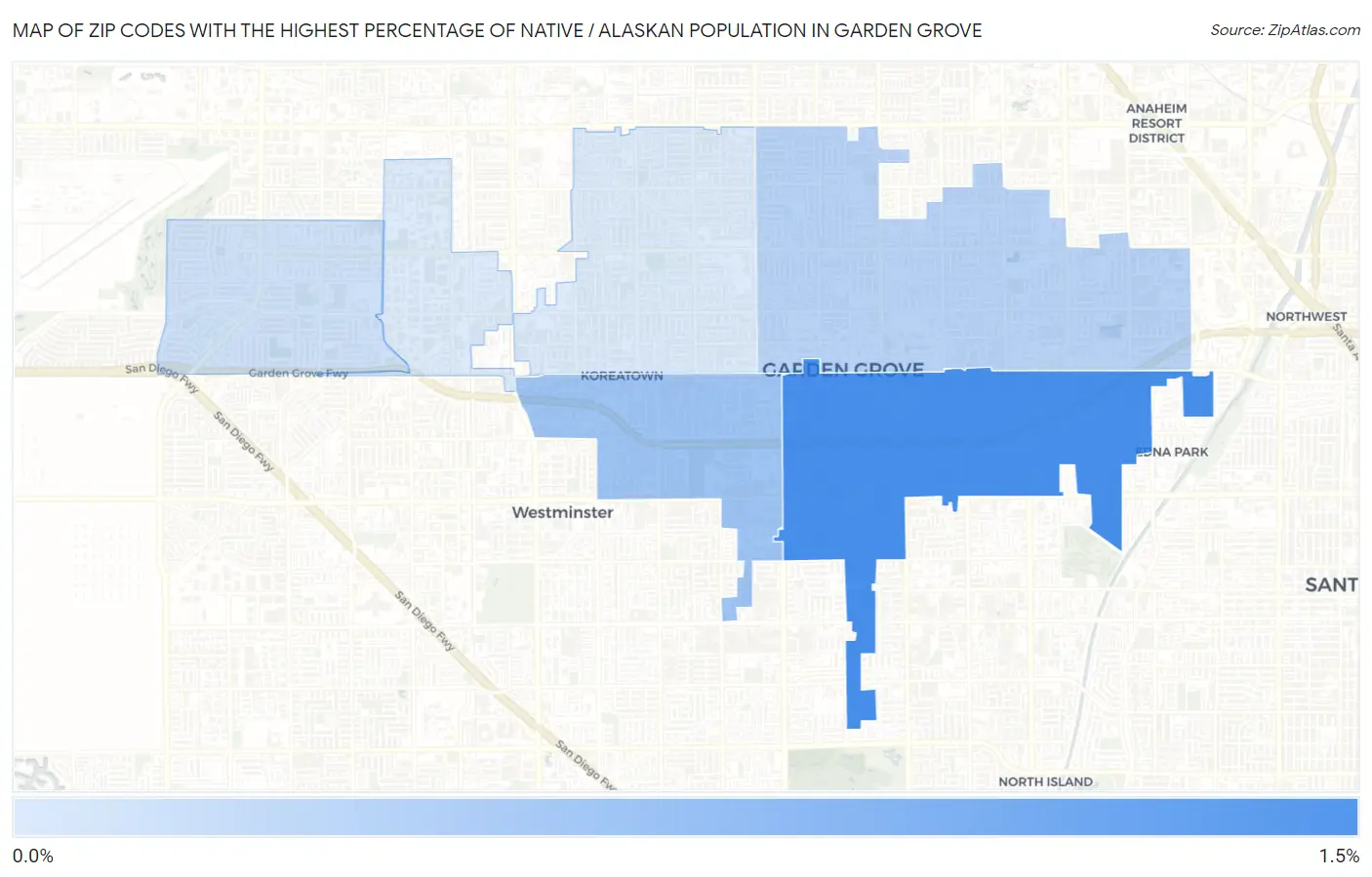 Zip Codes with the Highest Percentage of Native / Alaskan Population in Garden Grove Map