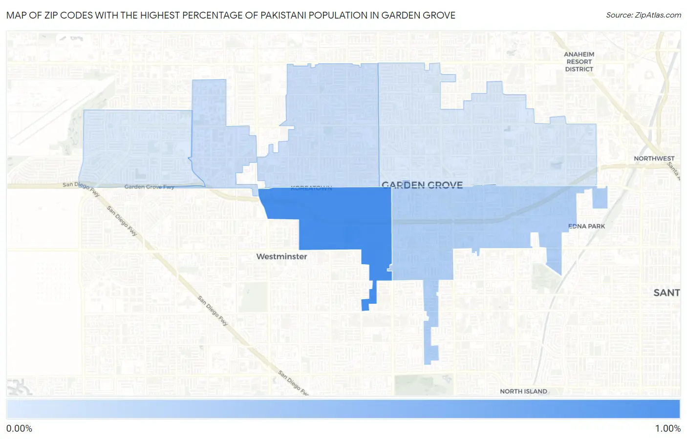 Zip Codes with the Highest Percentage of Pakistani Population in Garden Grove Map