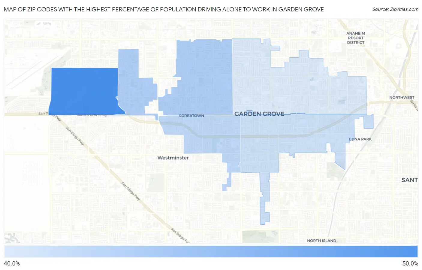 Zip Codes with the Highest Percentage of Population Driving Alone to Work in Garden Grove Map