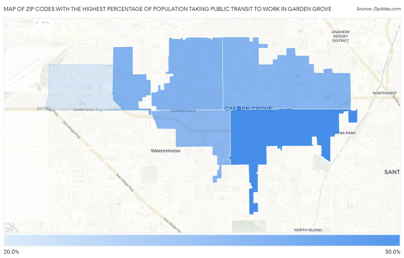 Zip Codes with the Highest Percentage of Population Taking Public Transit to Work in Garden Grove Map