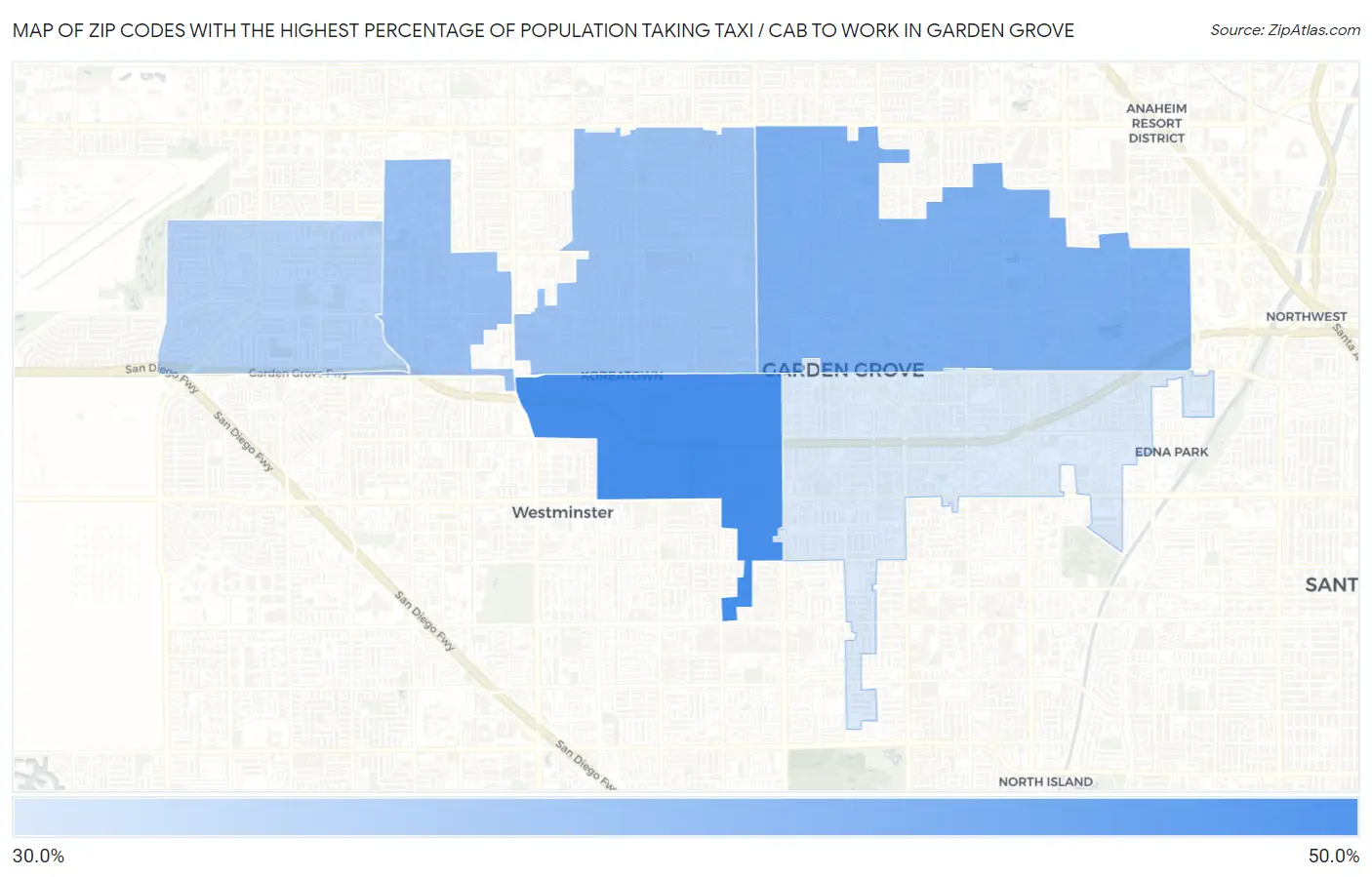 Zip Codes with the Highest Percentage of Population Taking Taxi / Cab to Work in Garden Grove Map