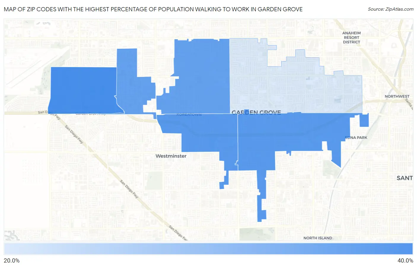 Zip Codes with the Highest Percentage of Population Walking to Work in Garden Grove Map